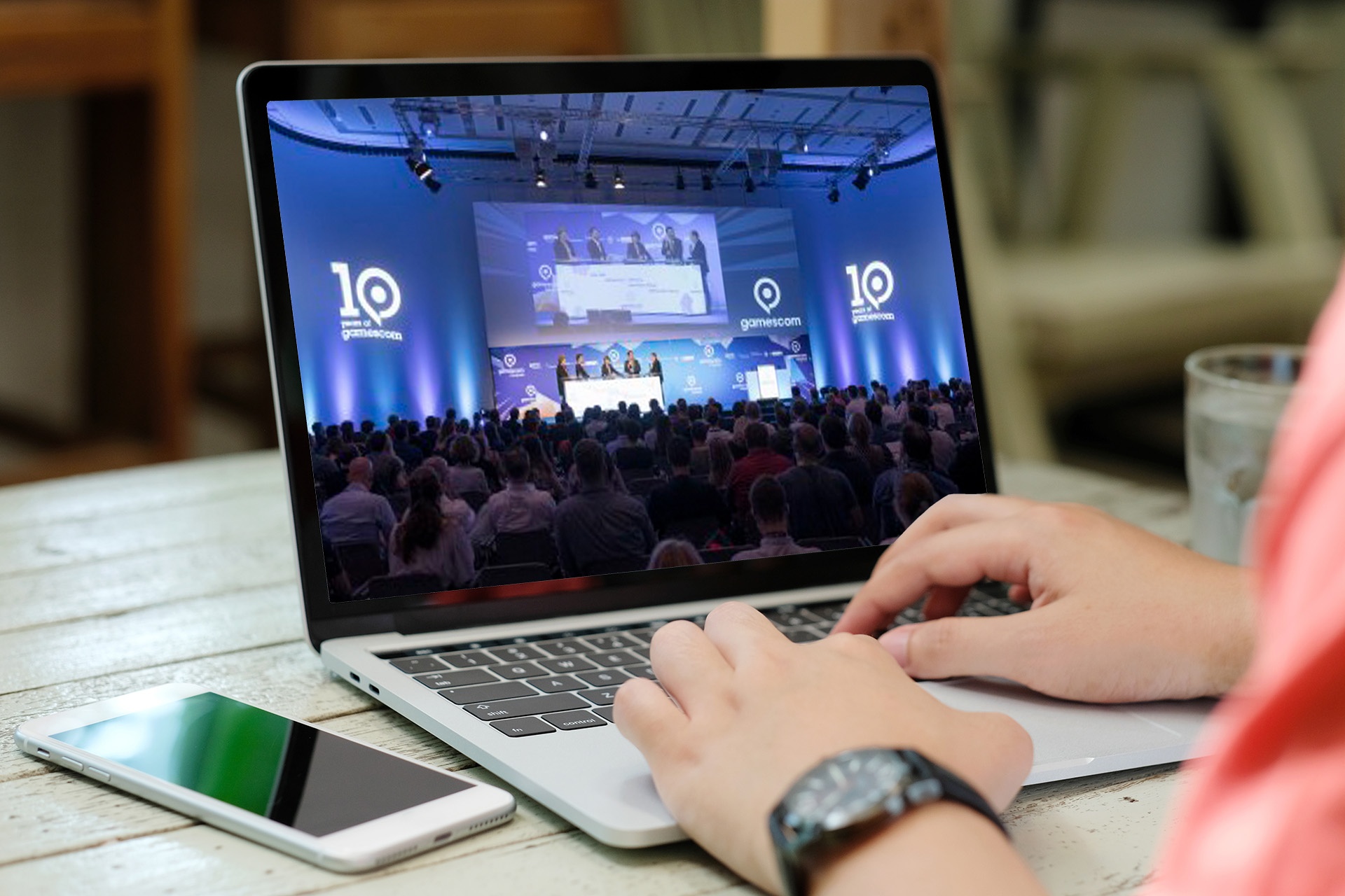 Man hands typing laptop computer with blank screen for mock up t